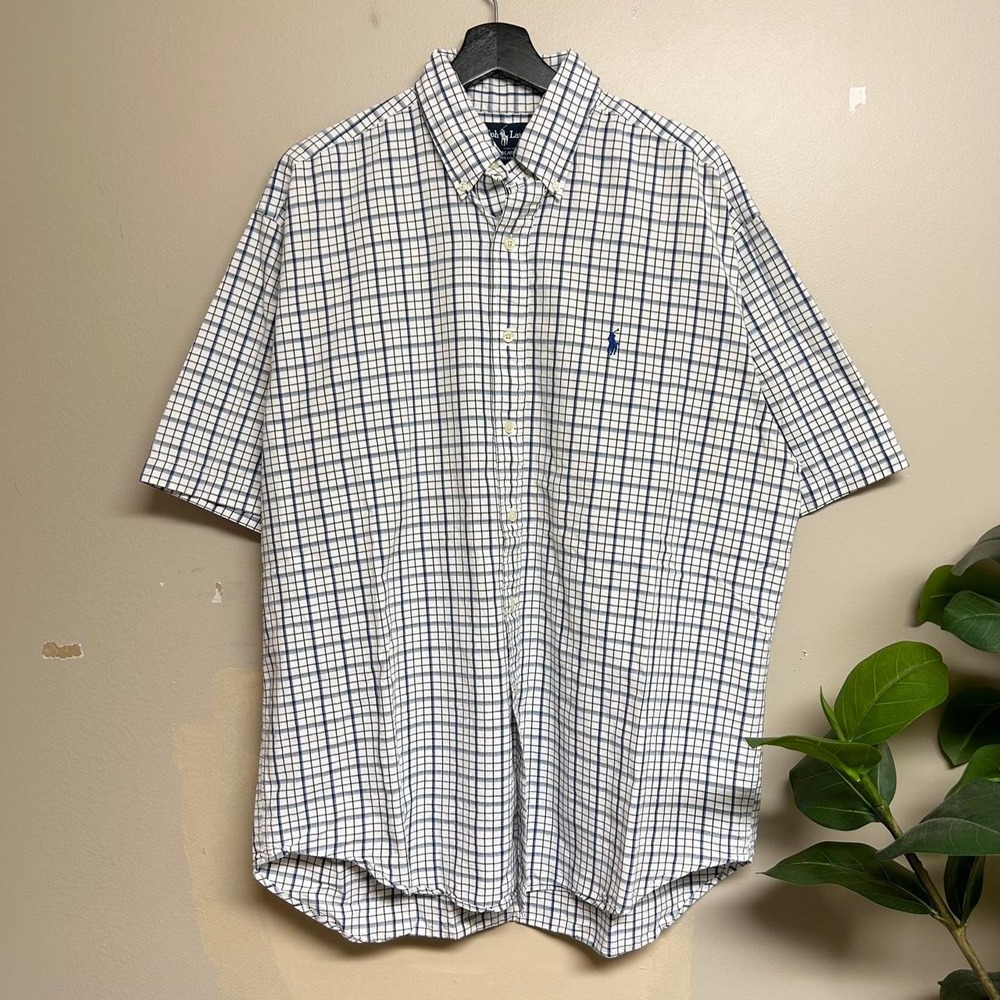 Vintage 90s Ralph Lauren Blaire White Blue Checkered Short Sleeve Shirt Mens L